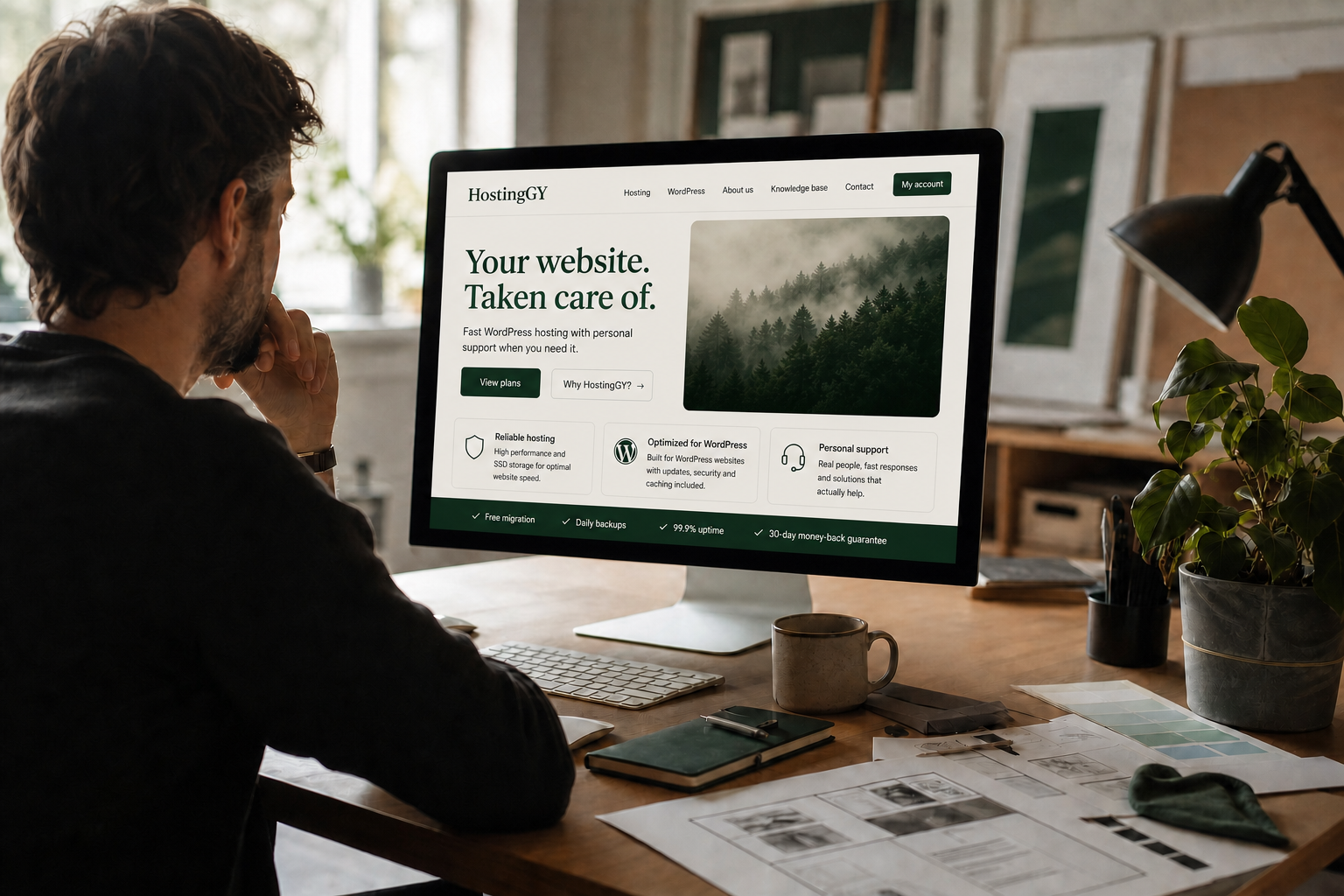 Web designer reviewing a professional website in a calm design studio
