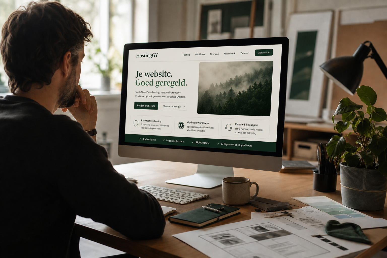 Webdesigner beoordeelt een professionele website in een rustige ontwerpstudio